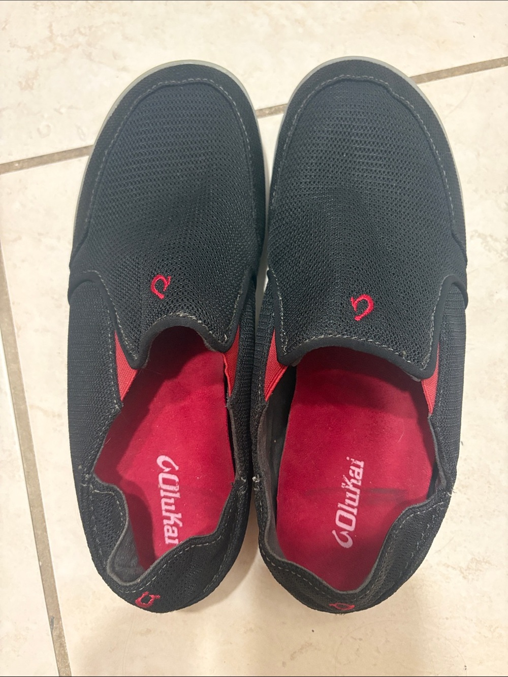 OluKai Black Slip-On Loafers with Red Interior
